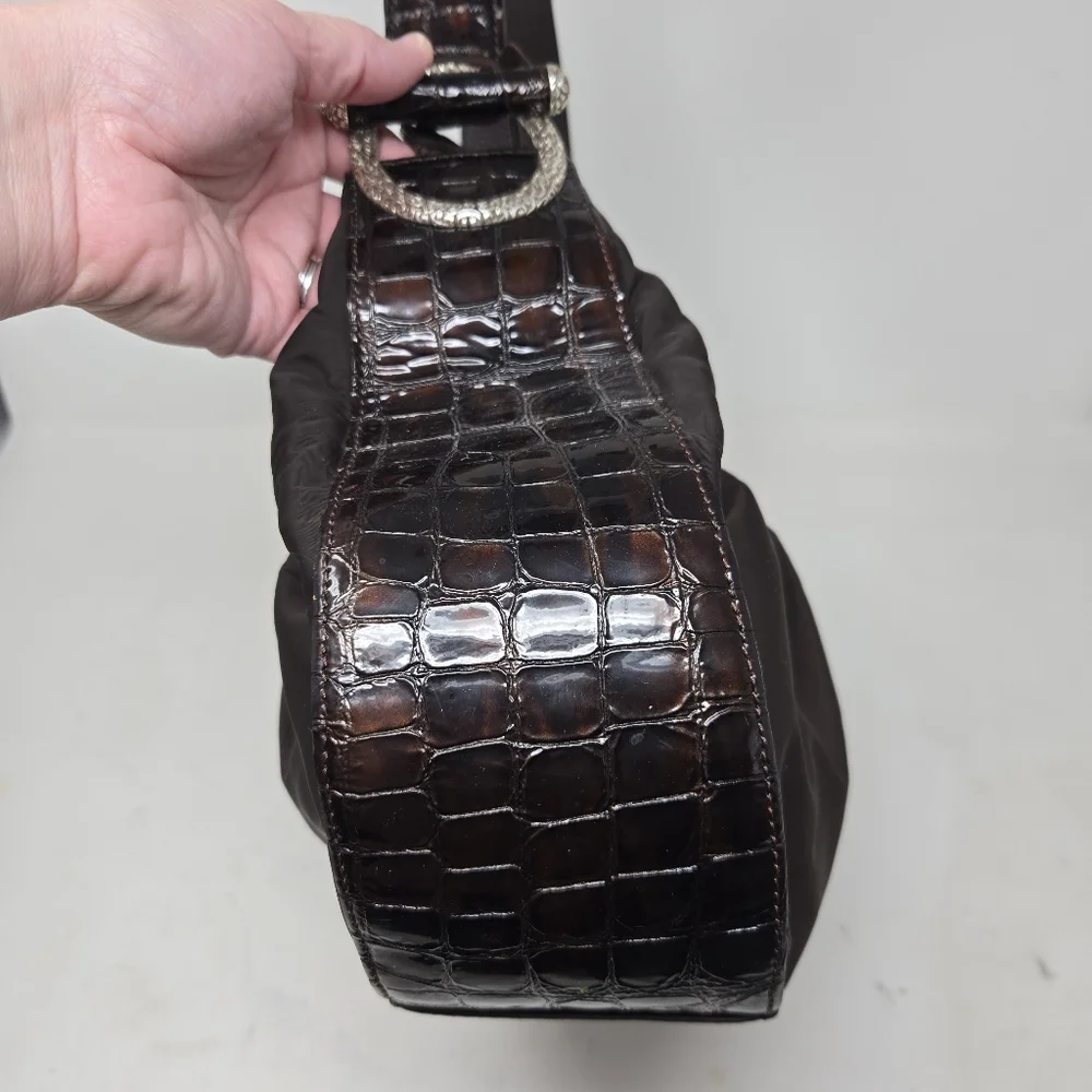 BRIGHTON Brown‎ Patent Leather Croc Embossed Nylon Hobo Purse Shoulder Bag Tote